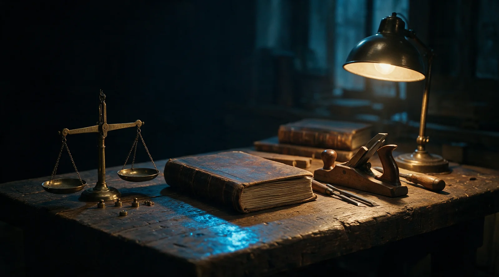 A heavy oak workbench under one reading lamp: a small brass balance with loose weights, a thick bound ledger, a wooden hand plane and two chisels, a stack of old books at the far end