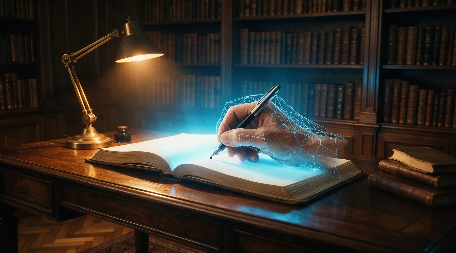 A close-up photograph of a weathered human hand using a fountain pen to write in an old journal, surrounded by a glowing geometric wireframe indicating a digital assistive structure.