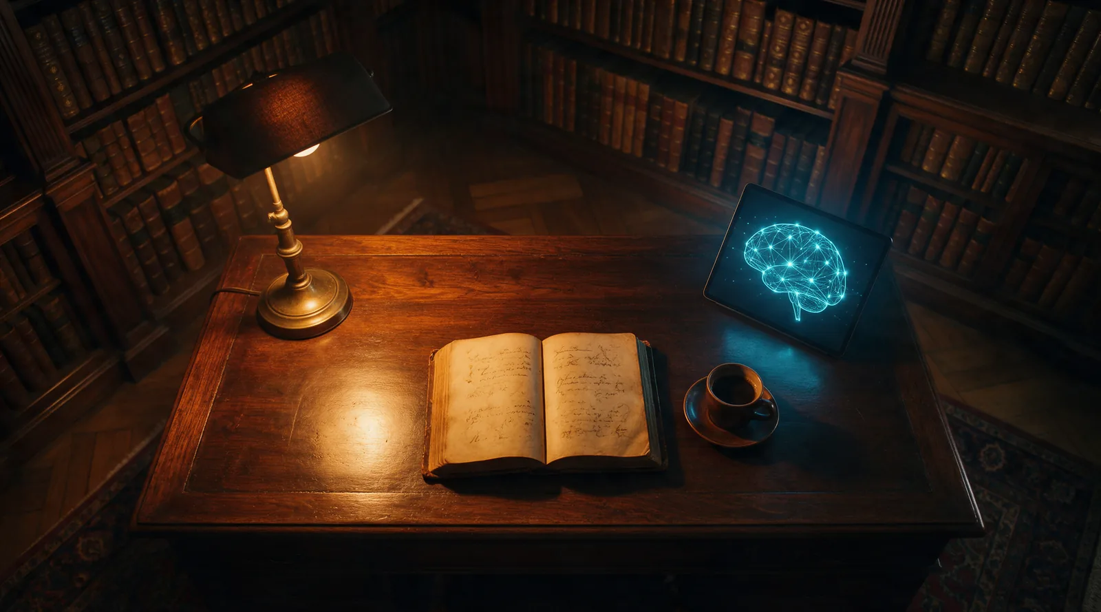 A top-down view of a wooden desk showing an open antique book with handwritten notes next to a coffee cup, alongside a tablet displaying a glowing digital blueprint of a brain and network graph.