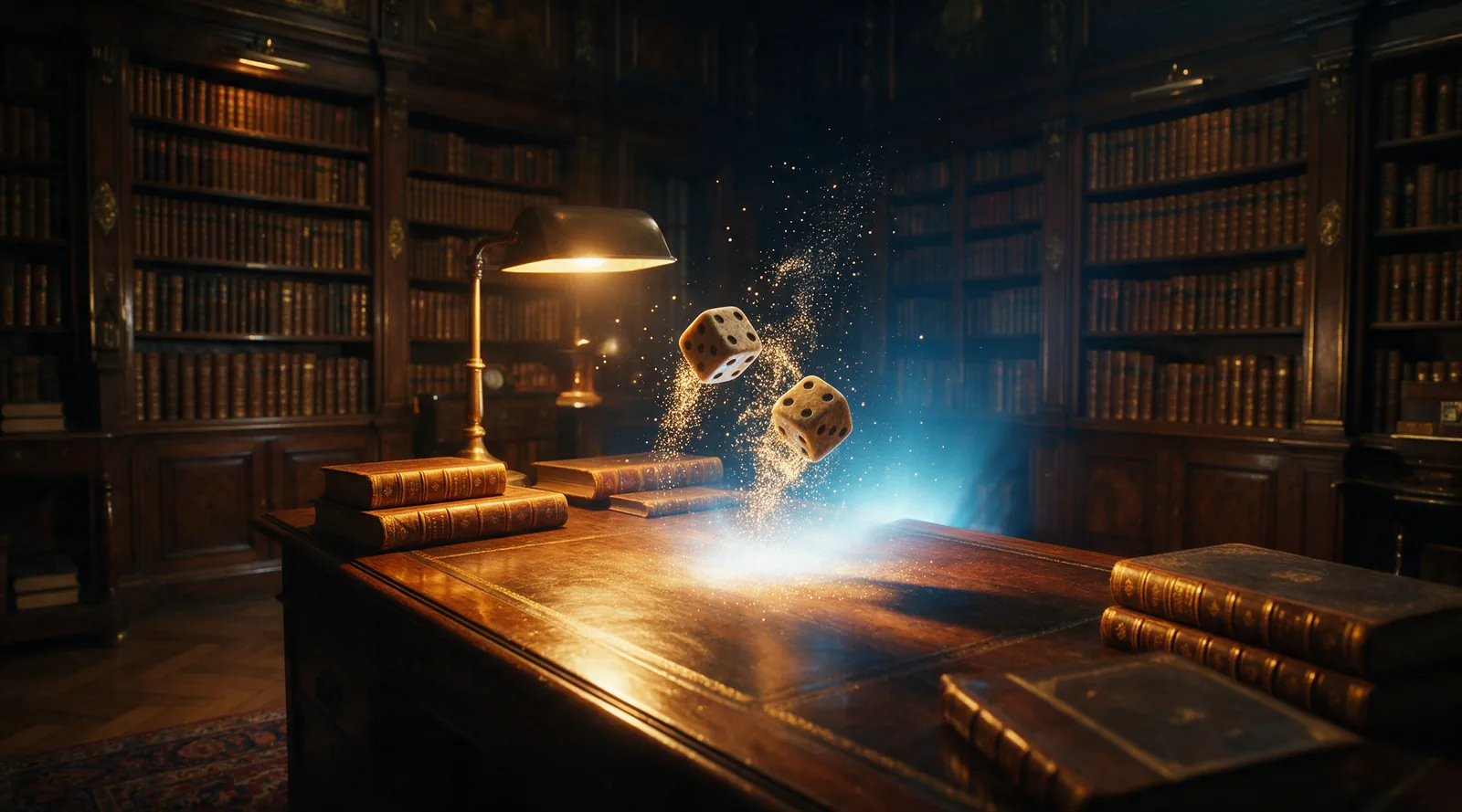 Two aged bone dice tumbling through a dark void, breaking apart into streams of glowing golden binary code and light particles.